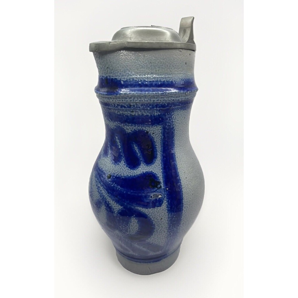Vintage‎ Stoneware Salt Glazed Stein/Tankard Cobalt Blue w/Pewter Lid 8.5" Tall